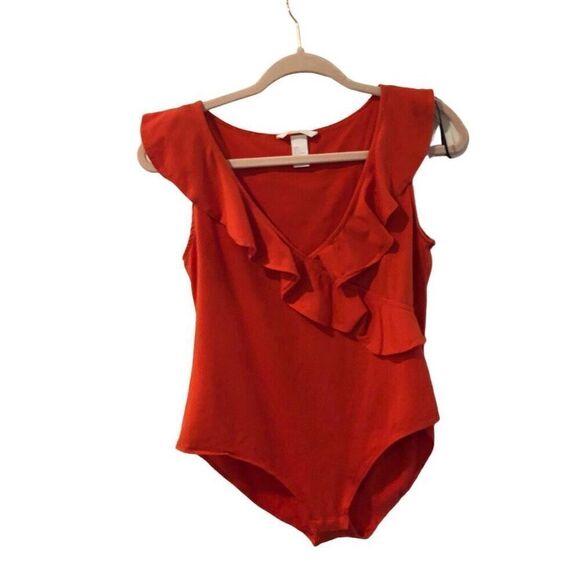 H&M L Ruffled Stretchy Halter V Neck Ruffled Orange Bodysuit - Picture 6 of 10